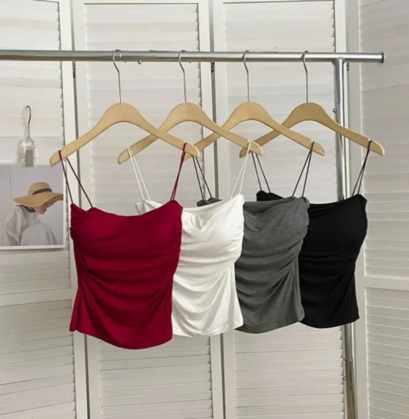 Women's Sleeveless Top Tank Underwear Fitted Camisole Sexy Short Top With Thin Straps Plain White Tank Top Korean Style