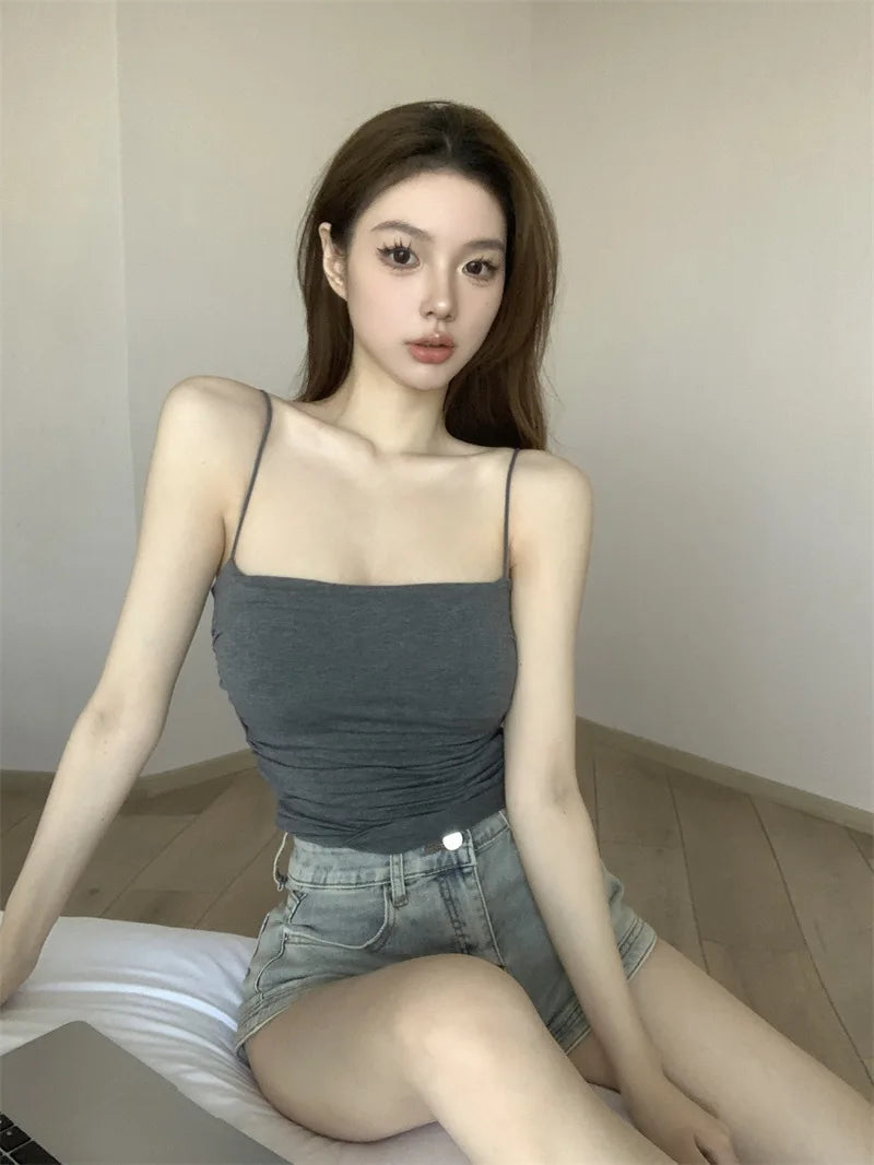 Women's Sleeveless Top Tank Underwear Fitted Camisole Sexy Short Top With Thin Straps Plain White Tank Top Korean Style